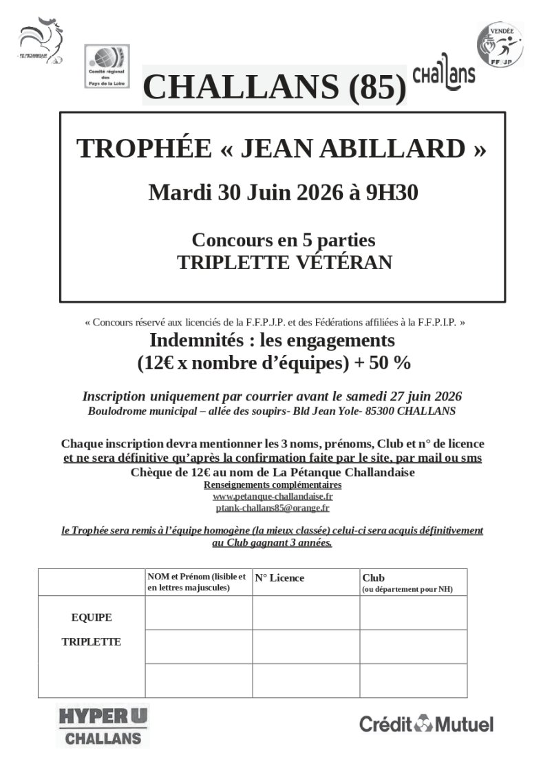 Trophée Jean Abillard Concours en 5 parties en triplette vétérans